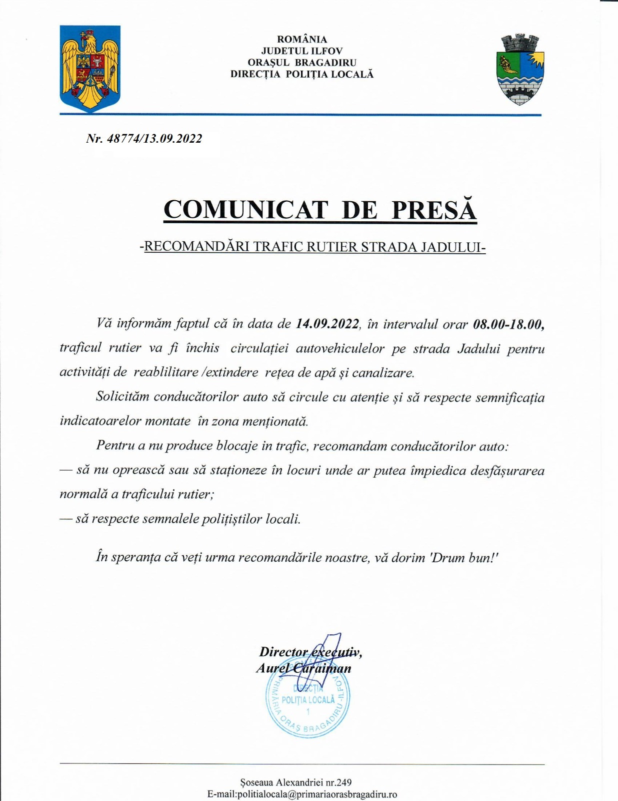 Comunicat de presa recomandari trafic rutier